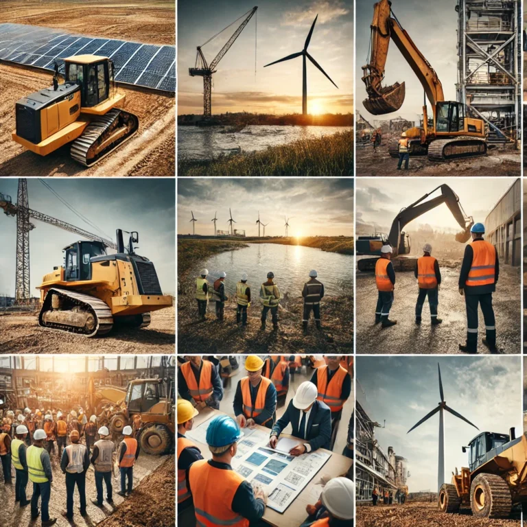 A collage of industrial and construction site scenes. Images include a wind turbine being installed with large cranes a grader leveling a dirt road Operator Skillset and Training in the Construction Equipment (CE) Industry